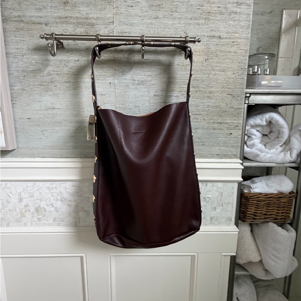 NWT new Anthropologie studded vegan leather north west tote bag + pouch brown - Picture 11 of 14
